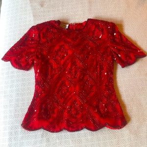 Red Sequined Top with Beading Size Small Stenay